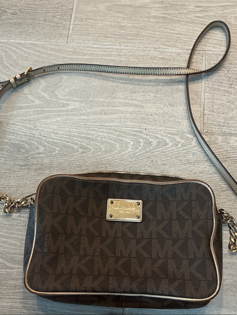Michael Kors Jet Set Brown MK Monogram Crossbody with Gold Plate